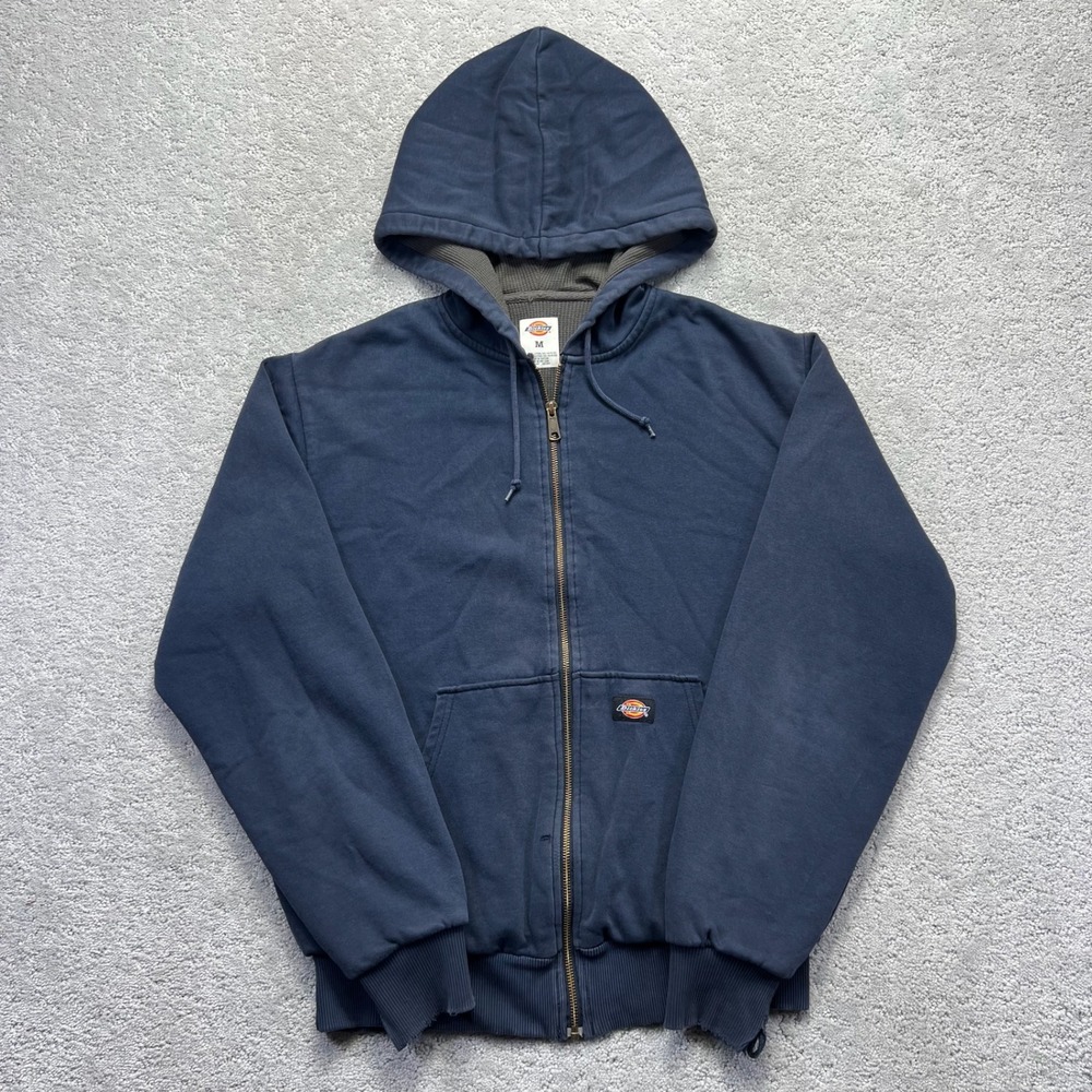 Dickies Hoodie Mens Medium Navy Blue Waffle Thermal Lined Full Zip Distressed